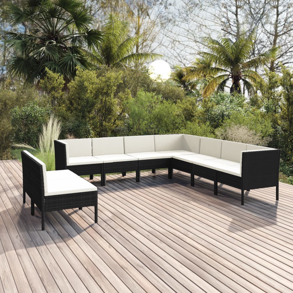 9 pcs conjunto lounge de jardim c/ almofadões vime PE preto