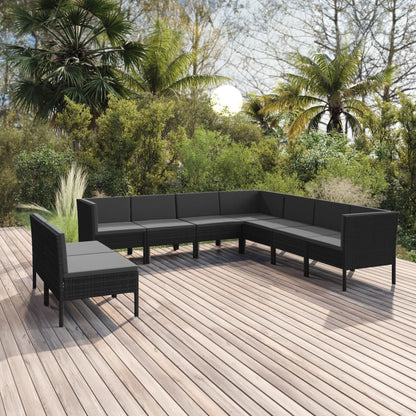 9 pcs conjunto lounge de jardim c/ almofadões vime PE preto