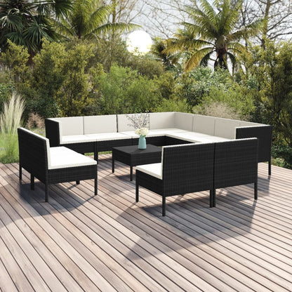 12 pcs conjunto lounge de jardim c/ almofadões vime PE preto