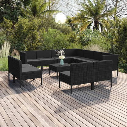 12 pcs conjunto lounge de jardim c/ almofadões vime PE preto