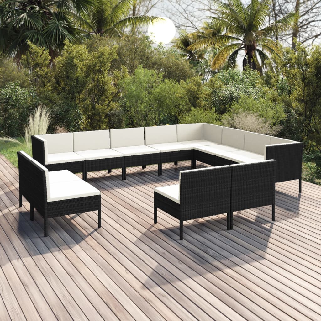 12 pcs conjunto lounge de jardim c/ almofadões vime PE preto