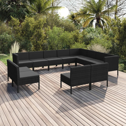 12 pcs conjunto lounge de jardim c/ almofadões vime PE preto