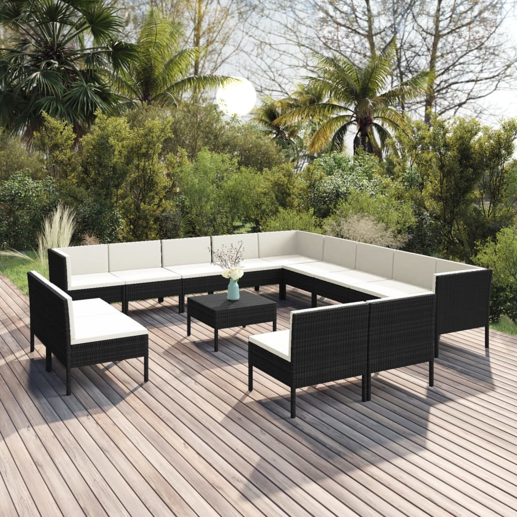 14 pcs conjunto lounge de jardim c/ almofadões vime PE preto