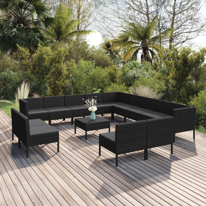 14 pcs conjunto lounge de jardim c/ almofadões vime PE preto