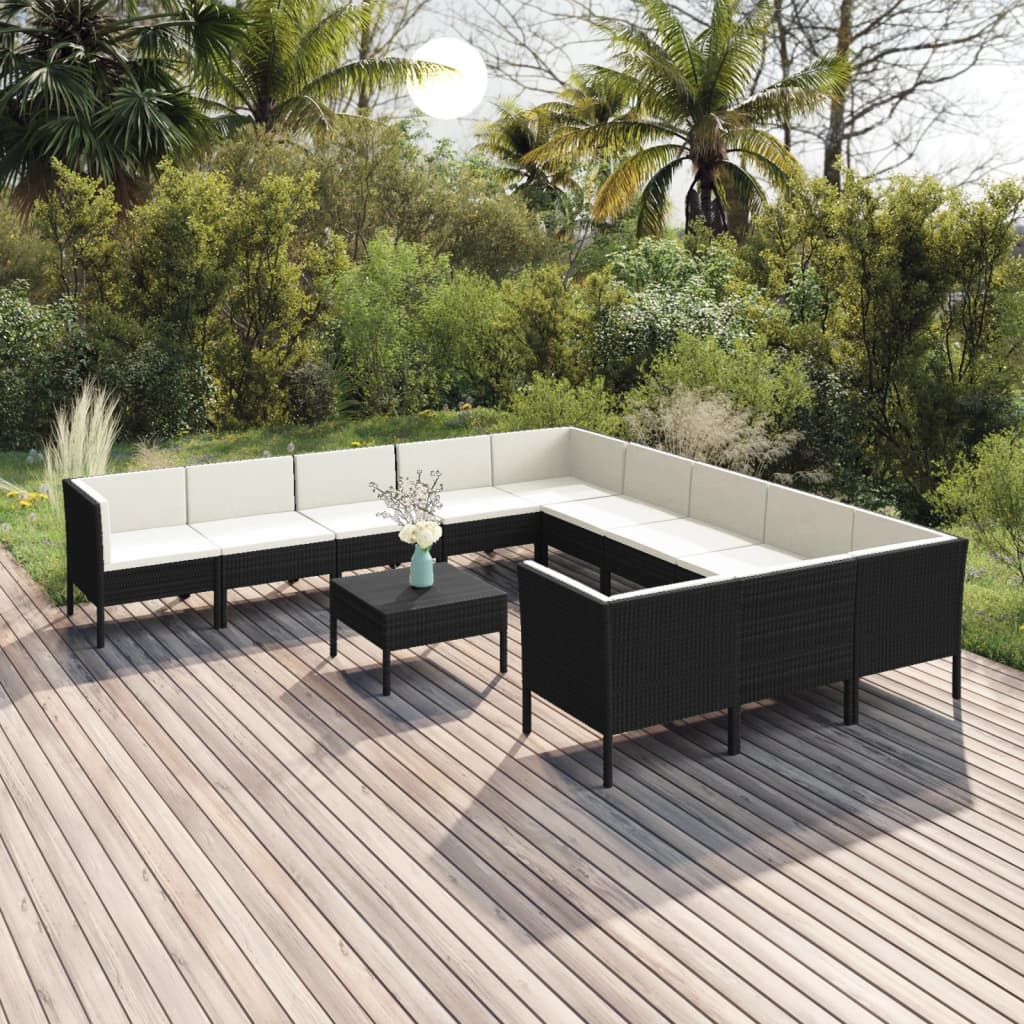 12 pcs conjunto lounge de jardim c/ almofadões vime PE preto