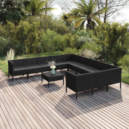 12 pcs conjunto lounge de jardim c/ almofadões vime PE preto