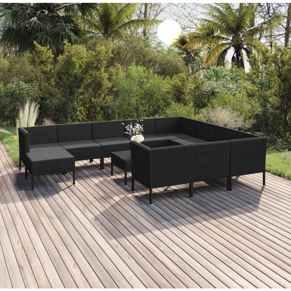 12 pcs conjunto lounge de jardim c/ almofadões vime PE preto