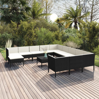 13 pcs conjunto lounge de jardim c/ almofadões vime PE preto