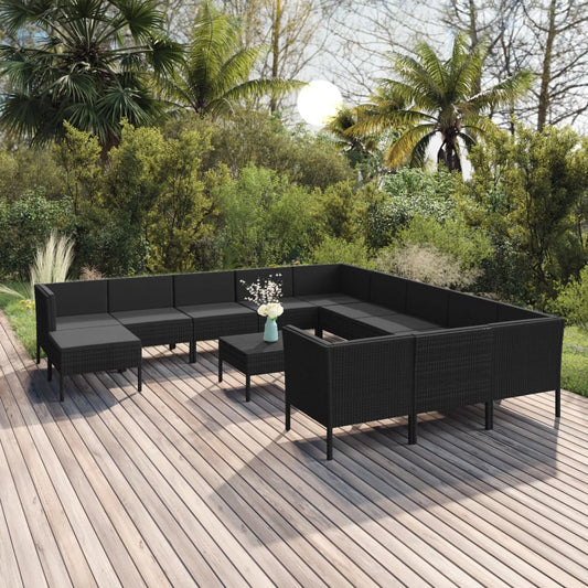 13 pcs conjunto lounge de jardim c/ almofadões vime PE preto