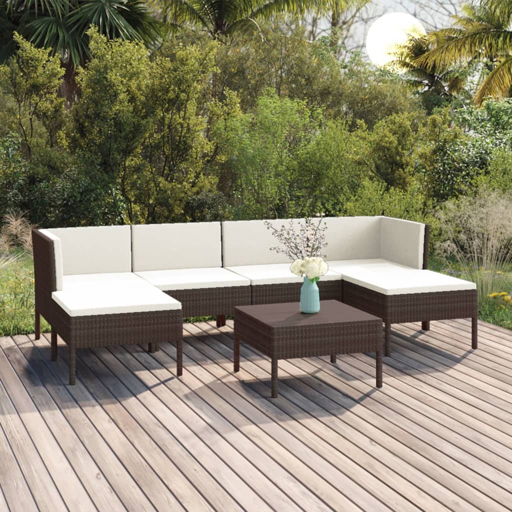 7 pcs conjunto lounge jardim c/ almofadões vime PE castanho