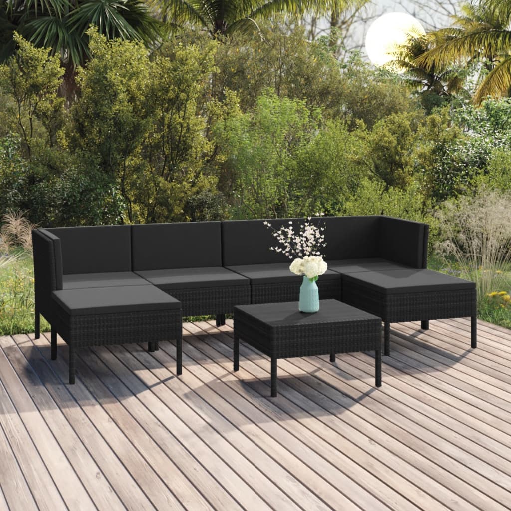 7 pcs conjunto lounge de jardim c/ almofadões vime PE preto