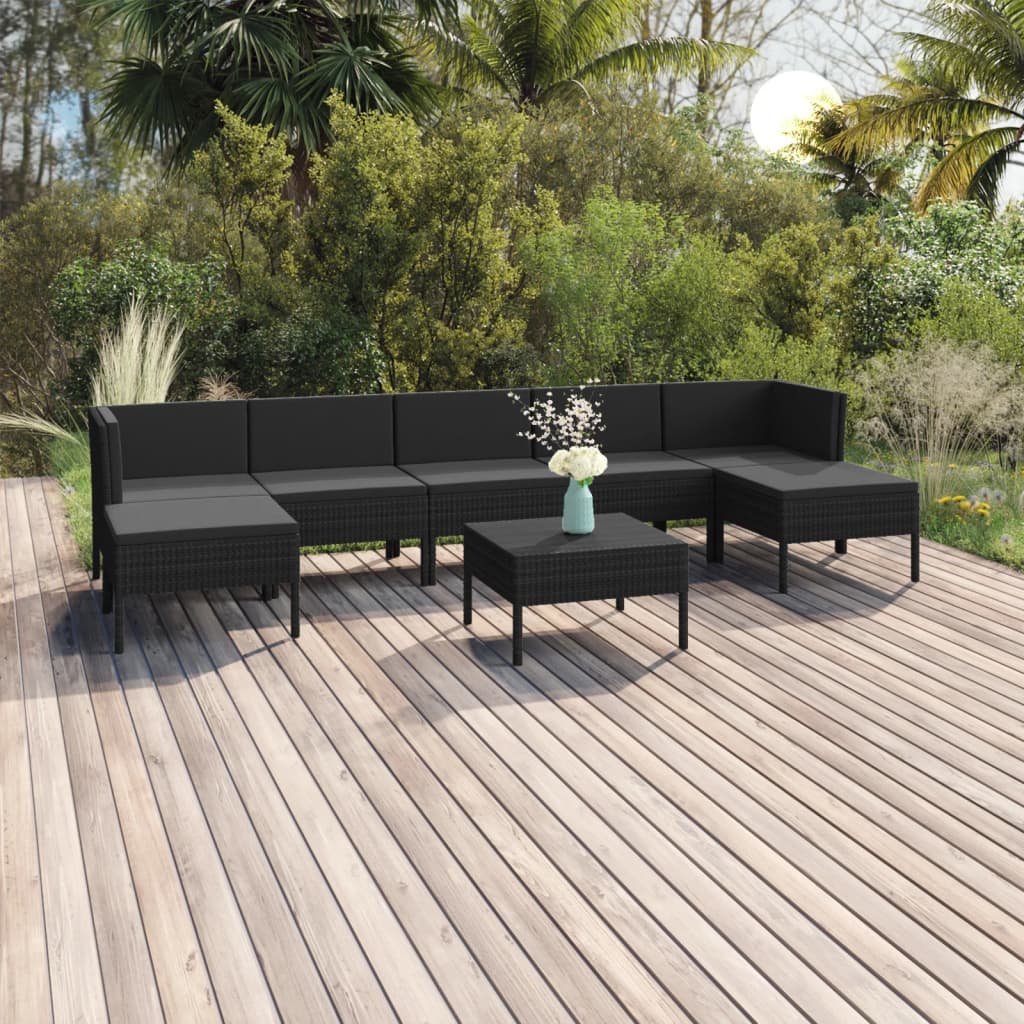 8 pcs conjunto lounge de jardim c/ almofadões vime PE preto