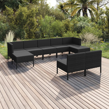 9 pcs conjunto lounge de jardim c/ almofadões vime PE preto