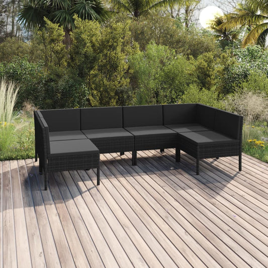 6 pcs conjunto lounge de jardim c/ almofadões vime PE preto