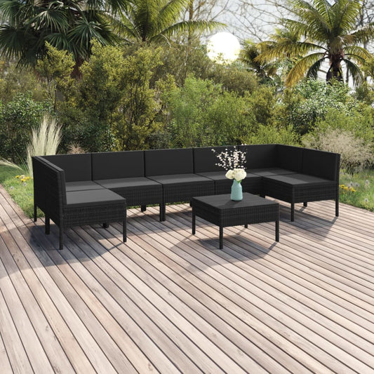 8 pcs conjunto lounge de jardim c/ almofadões vime PE preto