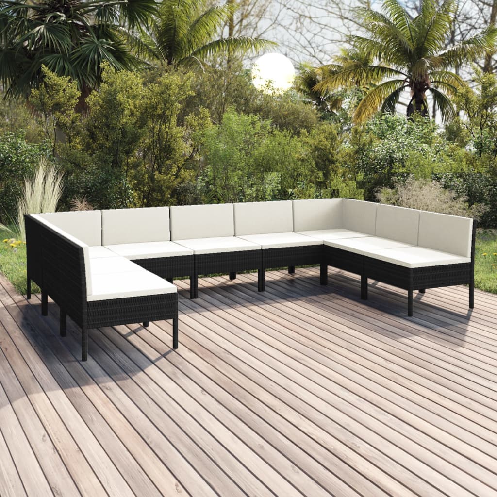 9 pcs conjunto lounge de jardim c/ almofadões vime PE preto