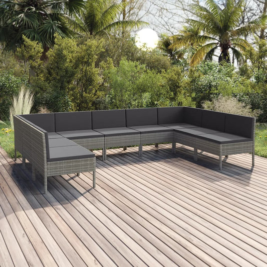 9 pcs conjunto lounge de jardim c/ almofadões vime PE cinzento