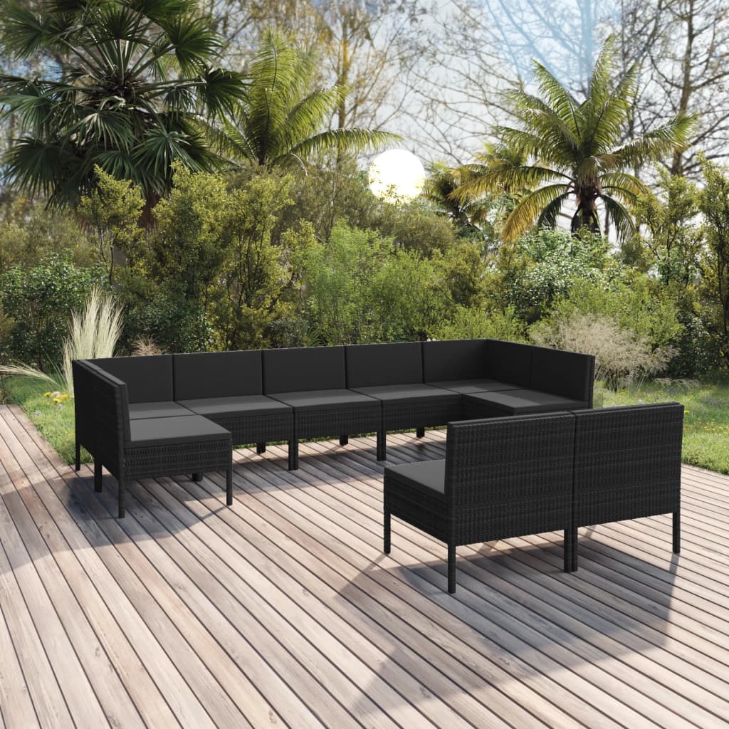 9 pcs conjunto lounge de jardim c/ almofadões vime PE preto