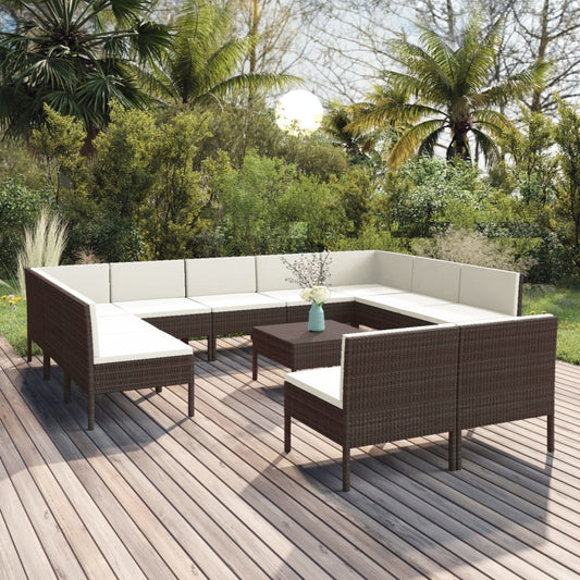 12 pcs conjunto lounge jardim c/ almofadões vime PE castanho