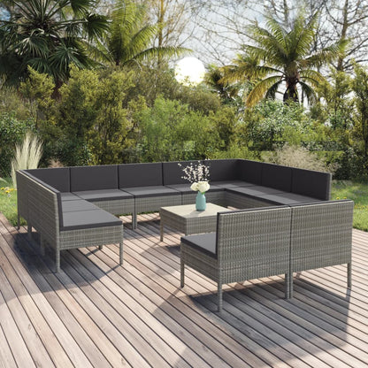 12 pcs conjunto lounge de jardim c/ almofadões vime PE cinzento