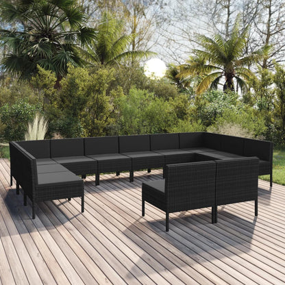 12 pcs conjunto lounge de jardim c/ almofadões vime PE preto