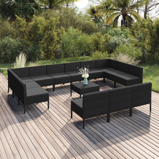 14 pcs conjunto lounge de jardim c/ almofadões vime PE preto