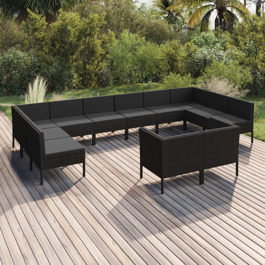 12 pcs conjunto lounge de jardim c/ almofadões vime PE preto