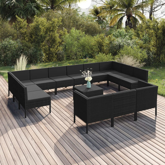 14 pcs conjunto lounge de jardim c/ almofadões vime PE preto