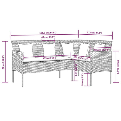 5 pcs conjunto sofás formato L c/ almofadões vime PE preto