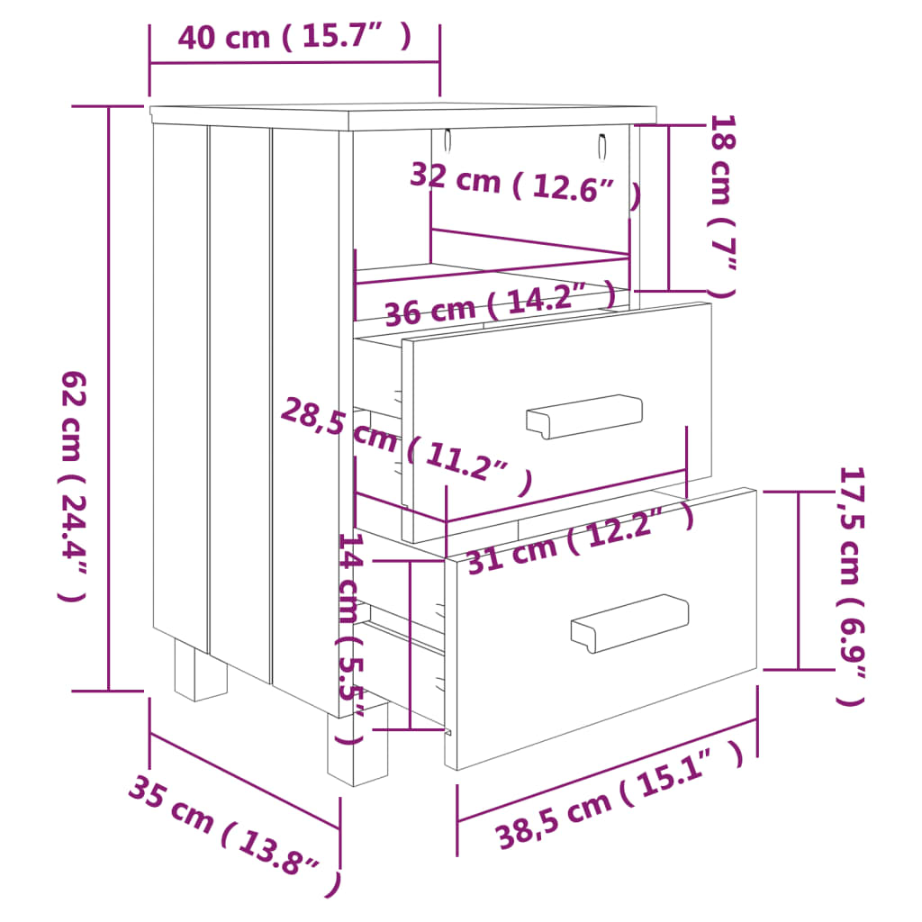 Mesas cabeceira HAMAR 2pcs 40x35x62cm pinho maciço cinza-escuro