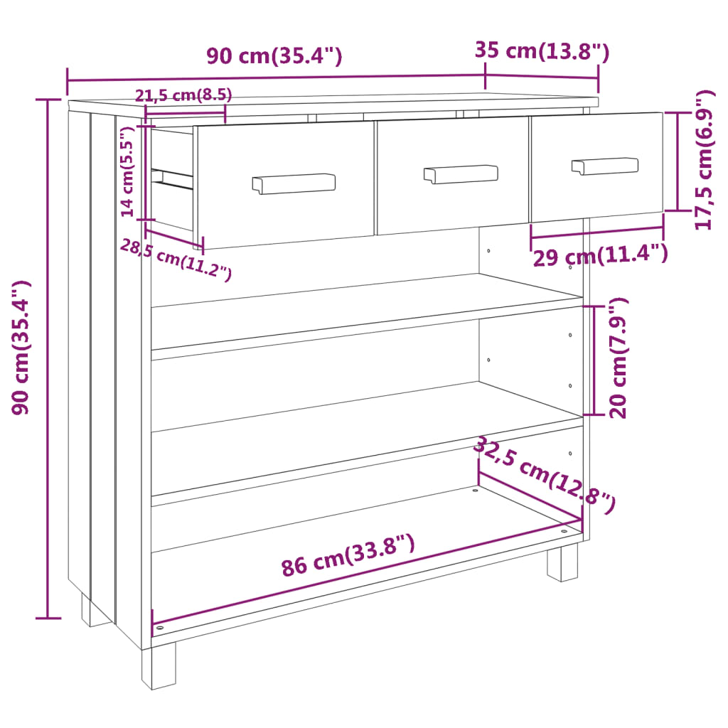 Mesa consola HAMAR 90x35x90 cm pinho maciço castanho-mel