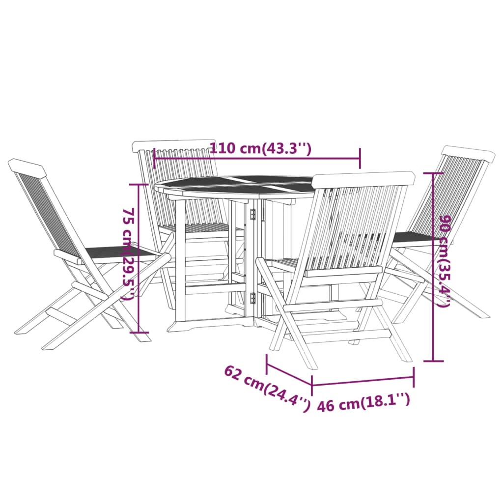 5 pcs conjunto jantar dobrável p/ exterior madeira teca maciça