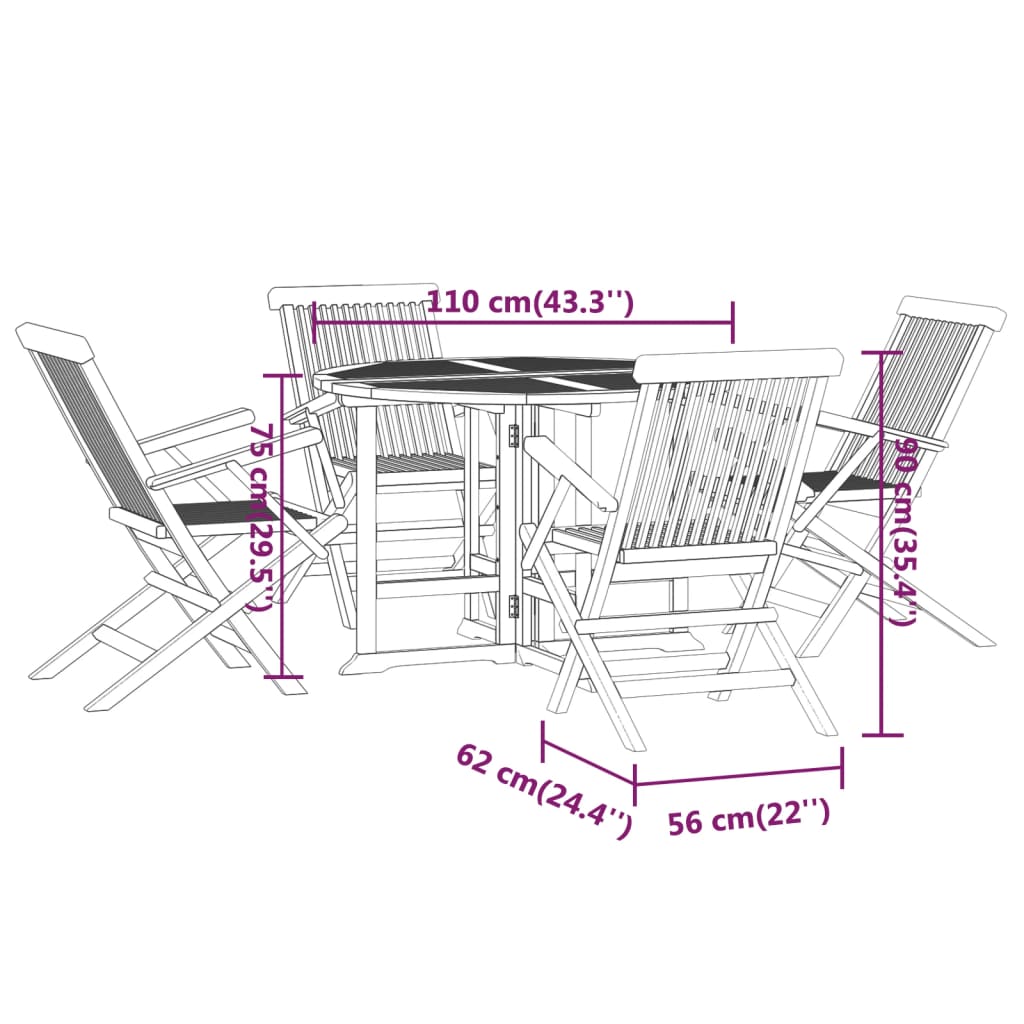 5 pcs conjunto jantar dobrável p/ exterior madeira teca maciça