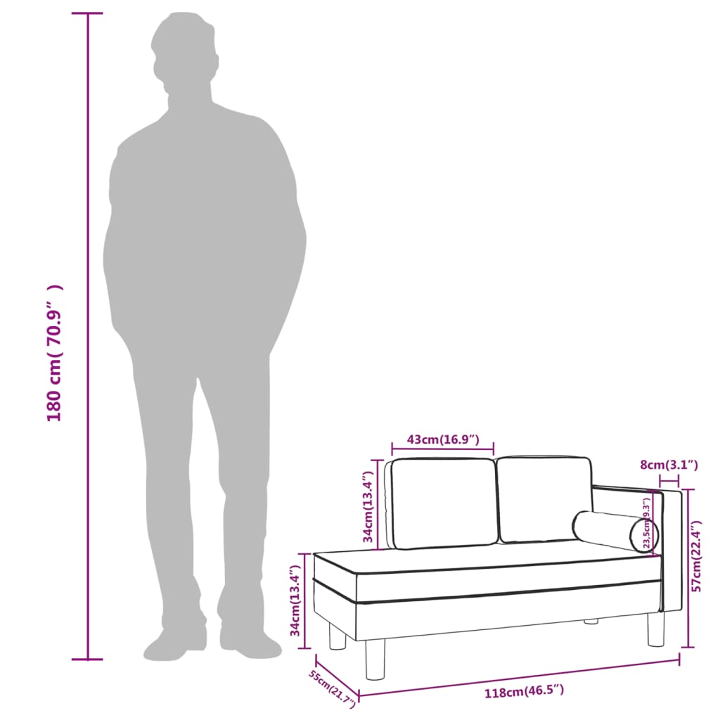 Chaise longue com almofadões e rolo couro artificial cinzento