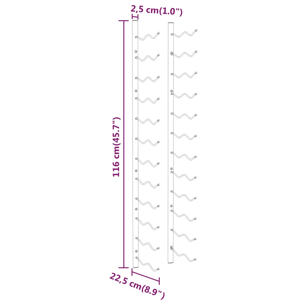 Garrafeira de parede para 24 garrafas 2 pcs ferro dourado