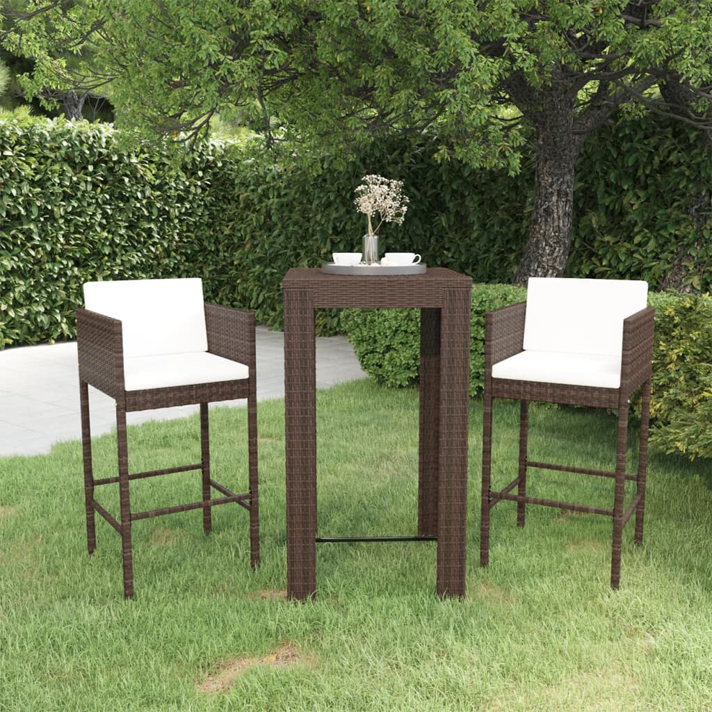 3 pcs conjunto de bar p/ jardim com almofadões vime PE castanho