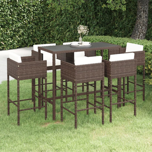 7 pcs conjunto de bar p/ jardim com almofadões vime PE castanho