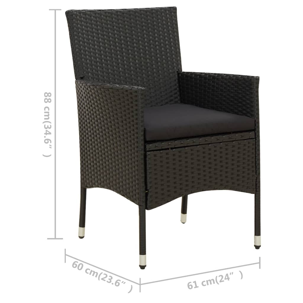 3 pcs conjunto jantar exterior com almofadões vime PE preto