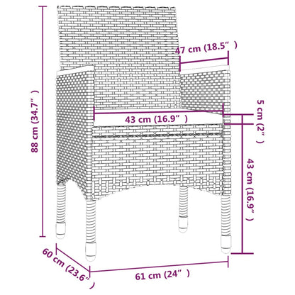 3 pcs conjunto jantar exterior com almofadões vime PE preto