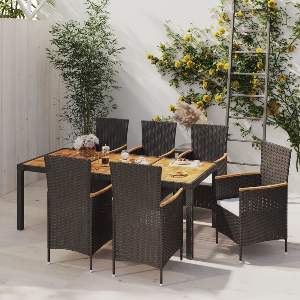 7 pcs conjunto jantar exterior com almofadões vime PE preto