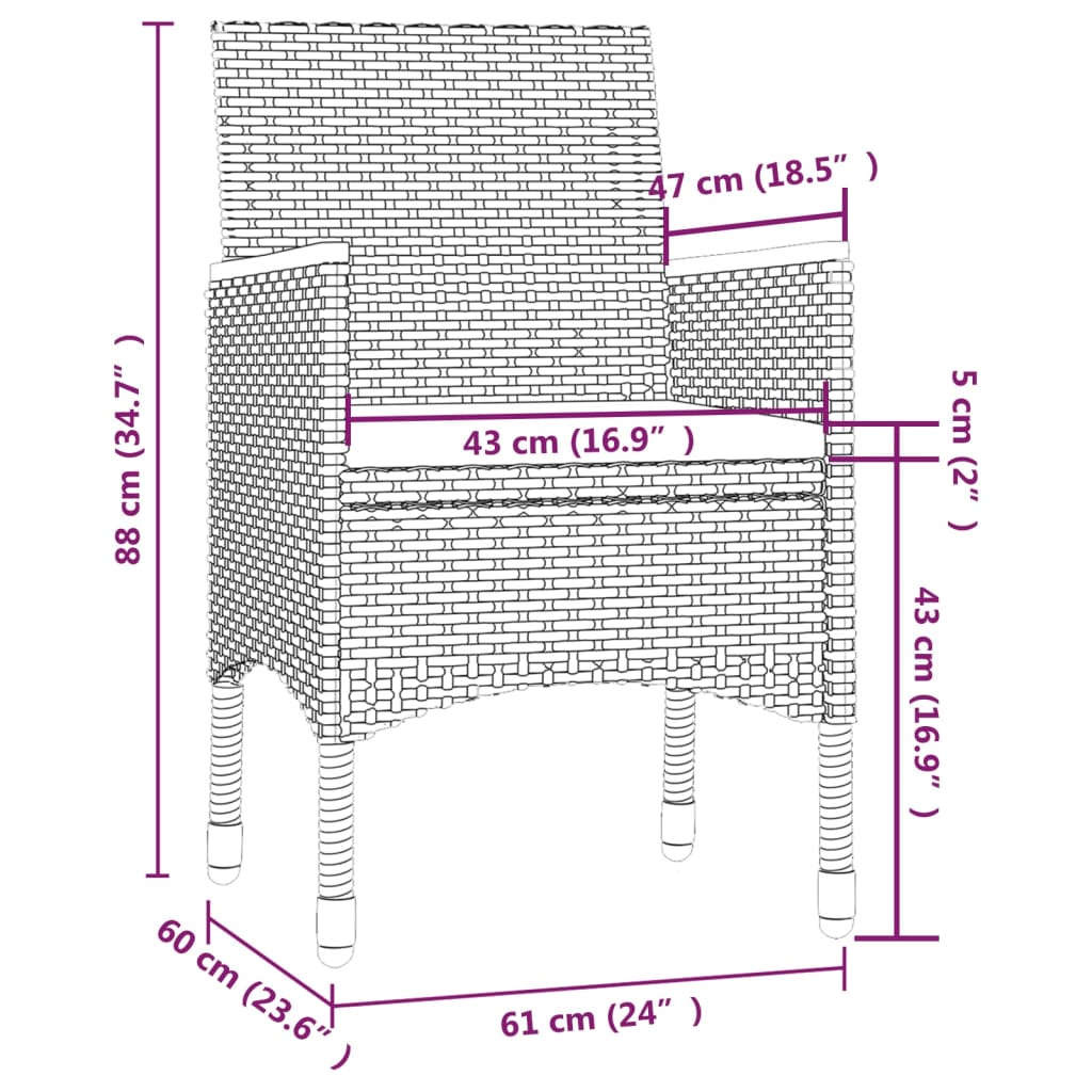 5pcs conjunto de jantar p/ exterior c/ almofadões vime PE cinza