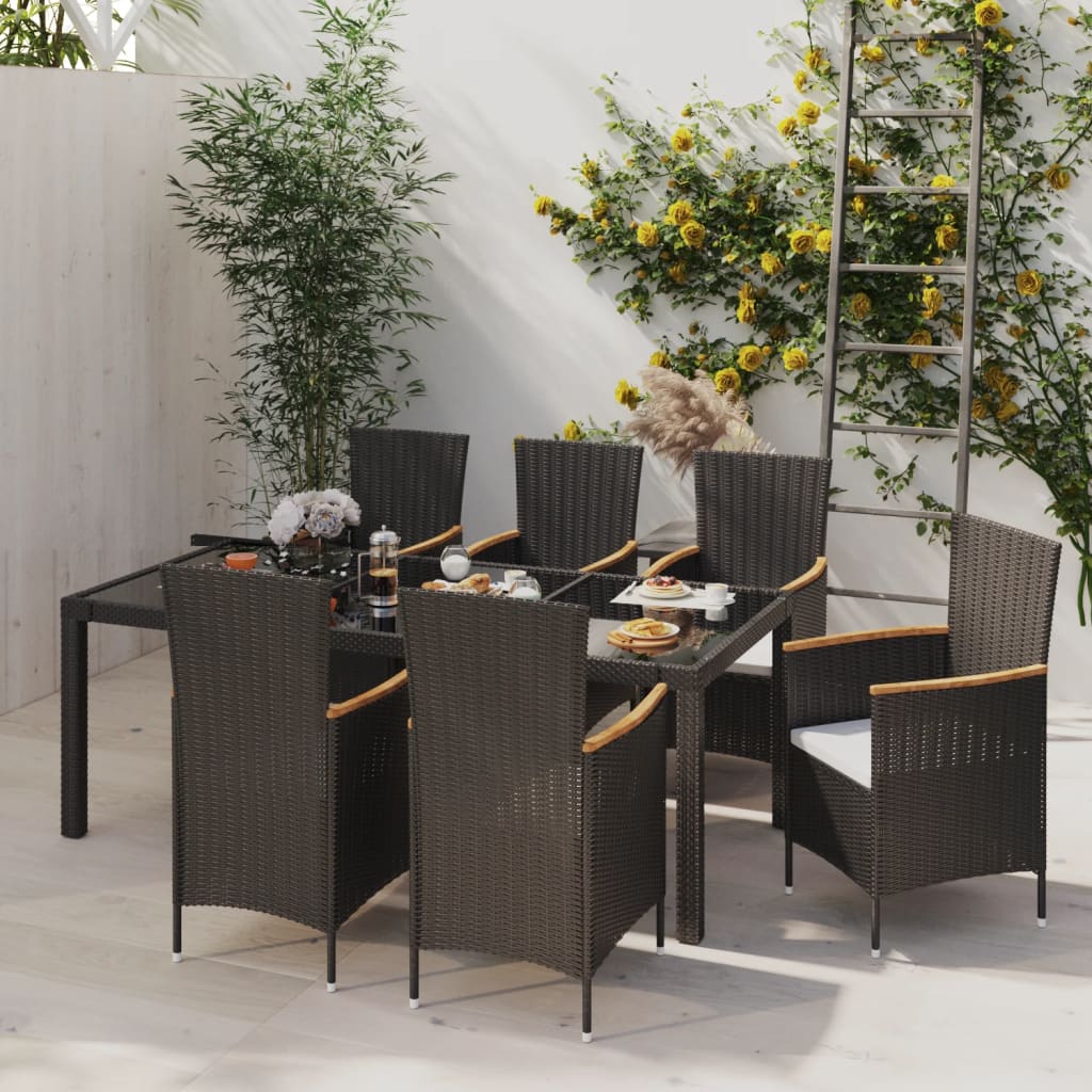 7 pcs conjunto jantar exterior com almofadões vime PE preto