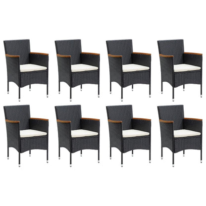 9 pcs conjunto de jantar p/ jardim c/ almofadões vime PE preto