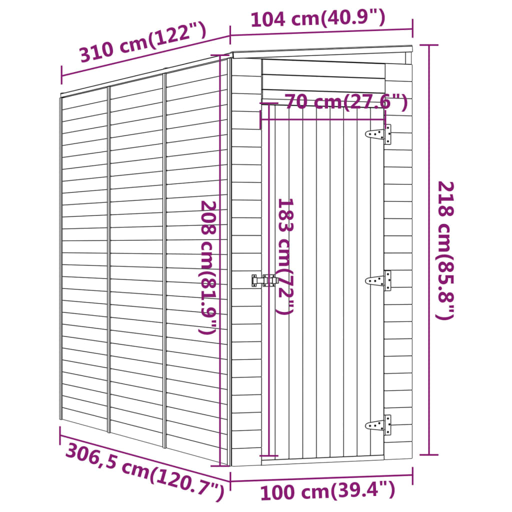 Abrigo de arrumação para jardim 100x310x218 cm pinho impregnado