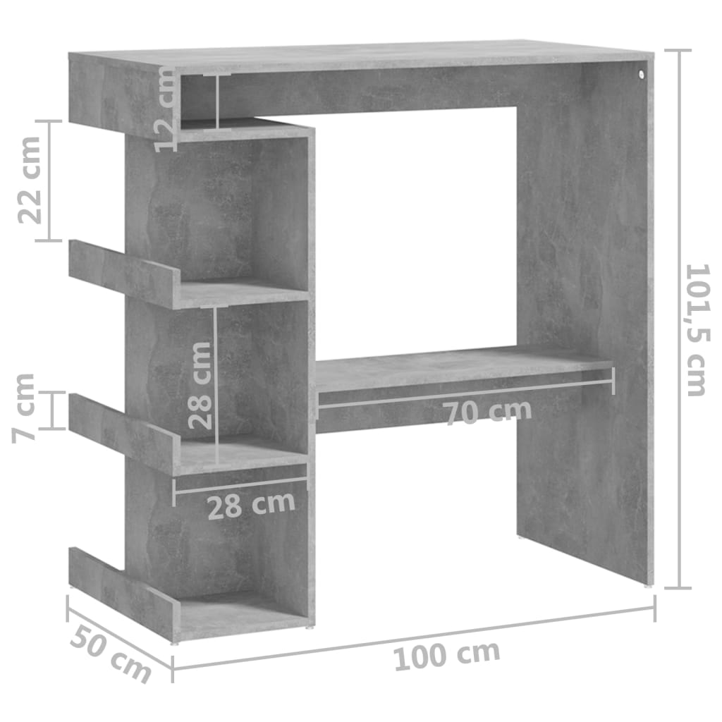 Mesa bar c/ prateleiras 100x50x101,5cm contrapl. cinza-cimento