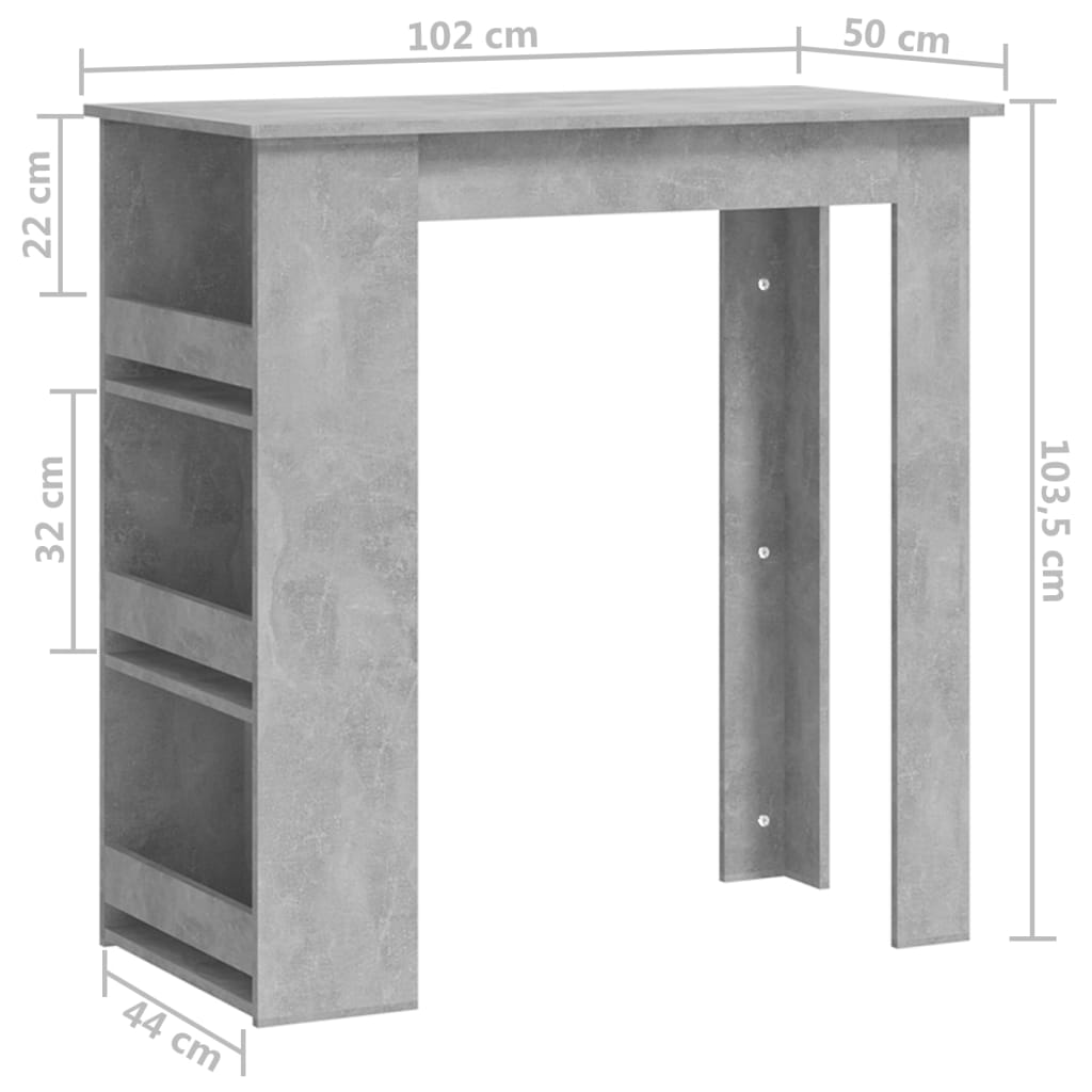 Mesa de Bar Amber com 3 Prateleiras de 102 cm - Cinzento Cimento - Design Moderno