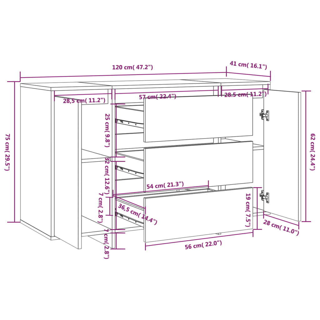 Aparador Endy com 3 Gavetas de 120 cm - Branco - Design Moderno