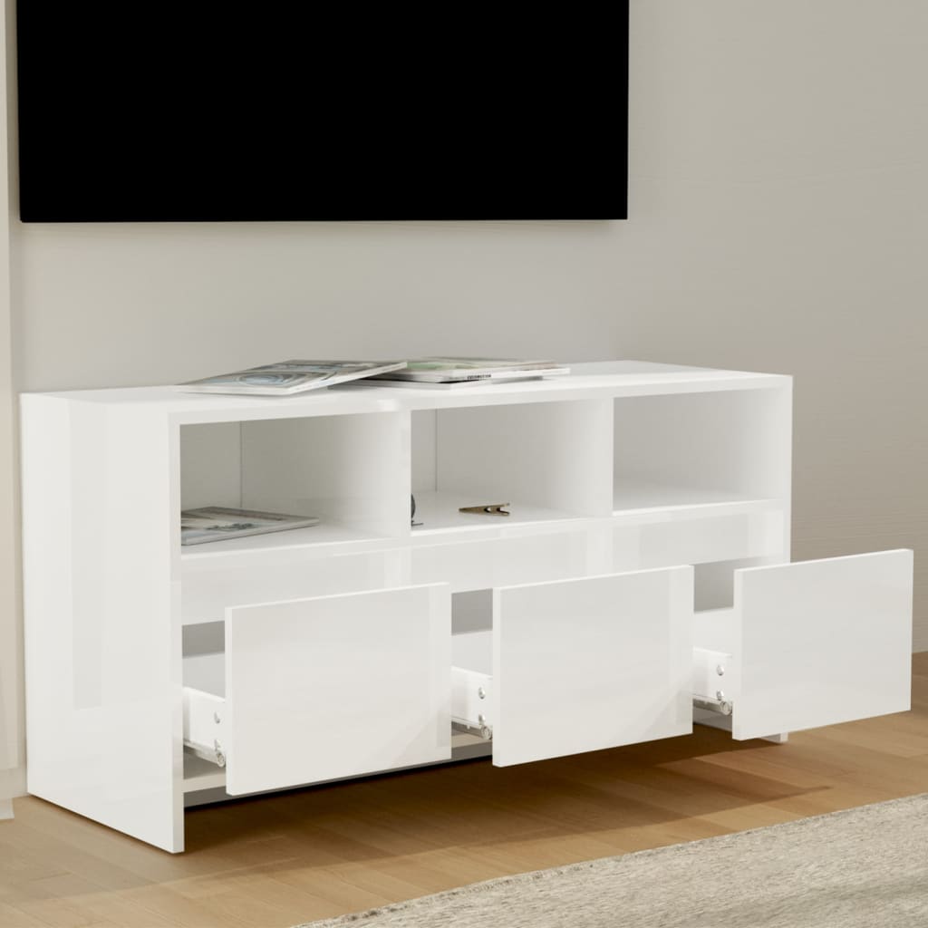 Móvel de TV Endy com 3 Gavetas e Compartimentos de 102 cm - Branco Brilhante - Design Nórdico