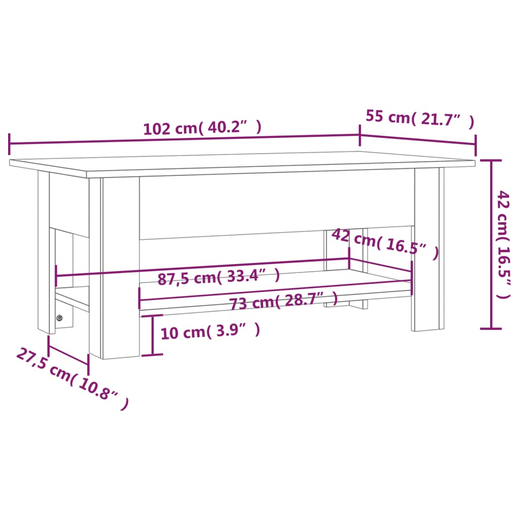 Mesa de centro 102x55x42 cm contraplacado cinzento cimento