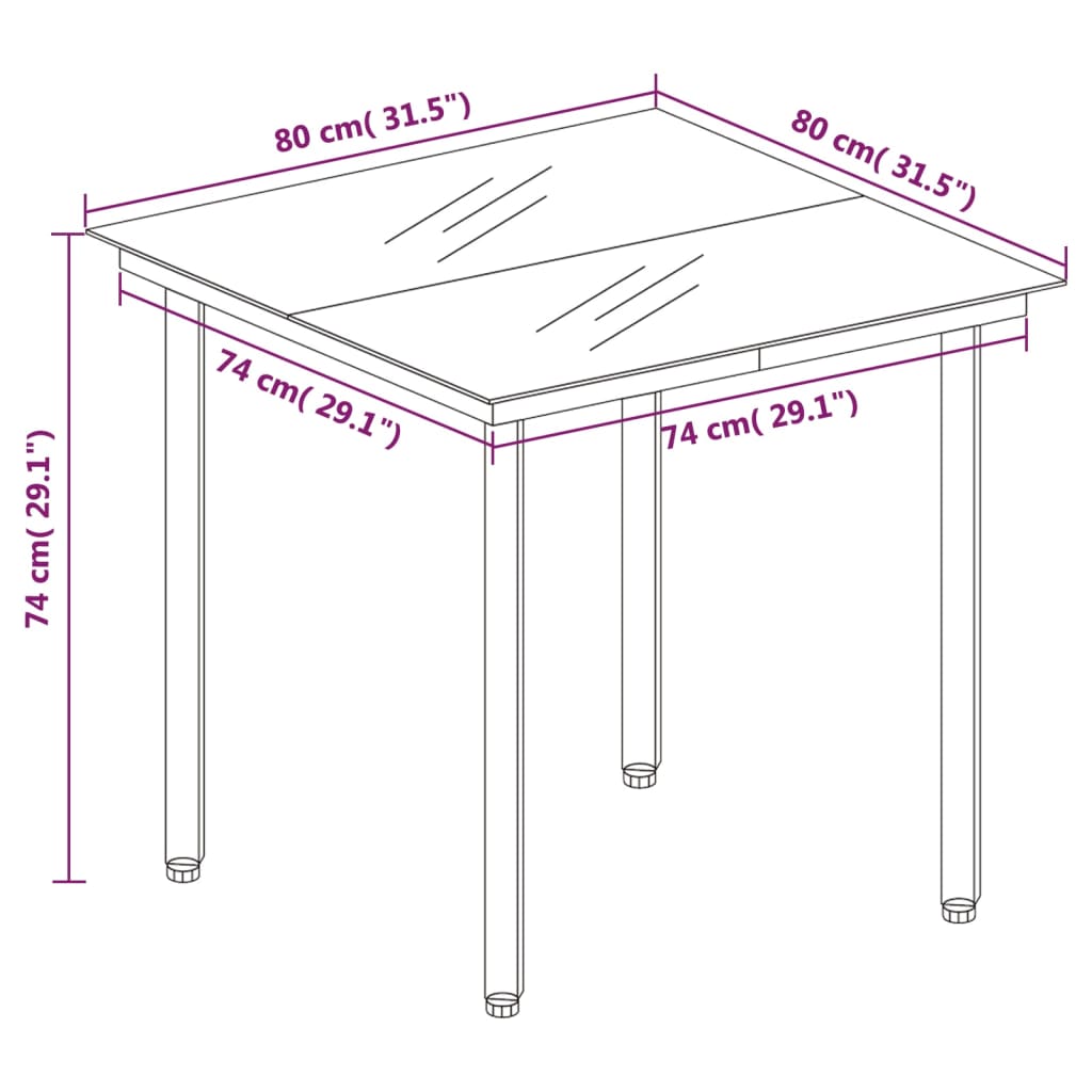 Mesa de jantar para jardim 80x80x74 cm aço e vidro preto